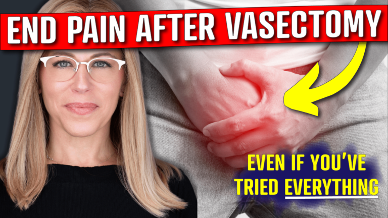 A promotional image with the text "END PAIN AFTER VASECTOMY" in bold red and white at the top. Below, there is an image of a person holding their pelvic area, highlighted in red to indicate pain, with a yellow arrow pointing to the area. The text "EVEN IF YOU'VE TRIED EVERYTHING" is written in yellow at the bottom right corner. This thumbnail describes a YouTube video that discusses pain after vasectomy and potential causes and treatment.