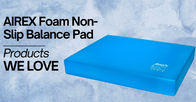 A promotional image for an AIREX Foam Non-Slip Balance Pad. The image features a blue, rectangular foam balance pad with the AIREX logo and branding, designed for stability and exercise. The background has a calming, watercolor blue design. Text on the image reads 'AIREX Foam Non-Slip Balance Pad' and 'Products WE LOVE' in bold black letters.