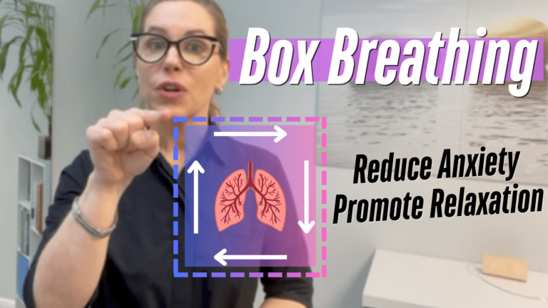 Box Breathing Technique - Reduce Anxiety, Promote Relaxation. The image shows a person demonstrating the box breathing method, a breathing exercise for relaxation and anxiety reduction, with a graphic of lungs and arrows indicating a 4-step breathing pattern (inhale, hold, exhale, hold) to help manage anxiety and promote relaxation.