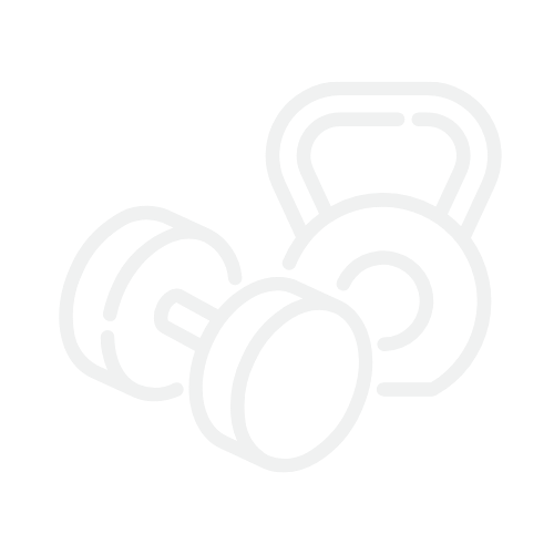 A simple white line drawing of a dumbbell and a kettlebell, overlapping slightly. The dumbbell has two circular weights on either end of a bar, and the kettlebell has a rounded body with a handle on top.