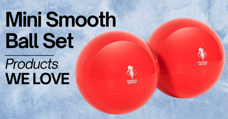 A promotional image for a Mini Smooth Ball Set. The image features two red, glossy mini smooth balls, each branded with the Franklin Method logo. The balls are designed for exercise or therapy. The background has a calming, watercolor blue design. Text on the image reads 'Mini Smooth Ball Set' and 'Products WE LOVE' in bold black letters.