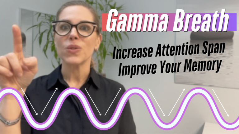 A promotional image for a video titled "Gamma Breath." The image features a person pointing forward, wearing a dark shirt and glasses, with a blurred green plant in the background. Overlaid text includes "Gamma Breath" in bold white letters with a purple and red gradient background, and "Increase Attention Span Improve Your Memory" in black text below. A stylized purple and white wave pattern, representing brain waves, runs horizontally across the image with arrows pointing along its curves.