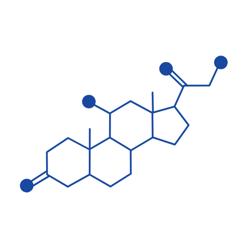 A blue line drawing of a chemical structure, likely representing a steroid hormone, with a four-ring system and various functional groups. The structure includes hexagonal and pentagonal rings with double bonds and attached groups.
