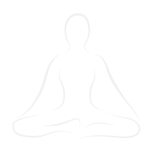A white line drawing of a person sitting in a cross-legged meditation pose, with arms resting on the knees and hands facing upward. The figure is stylized with smooth, flowing lines.