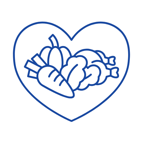 A blue line drawing of a heart shape filled with various vegetables, including a carrot, broccoli, and a leafy green. The vegetables are stylized and overlap within the heart outline.