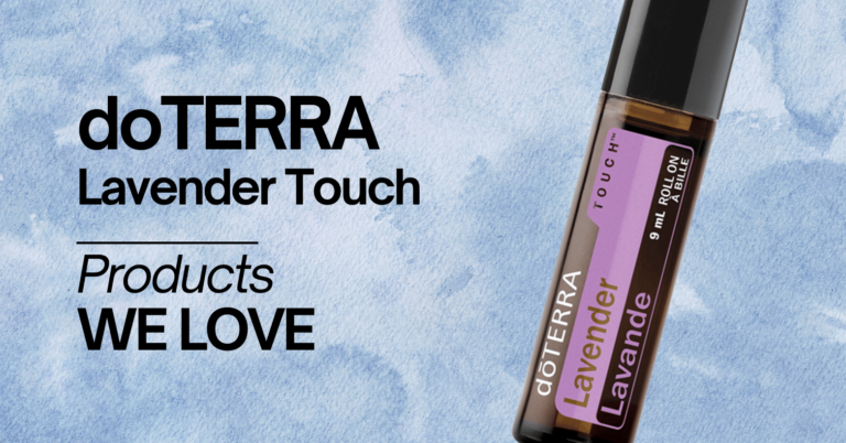 A split-image design with a light blue background. On the left side, bold black text reads "doTERRA Lavender Touch" with "Products WE LOVE" below it in smaller font. On the right side, an amber-colored roller bottle labeled "doTERRA Lavender Touch" with a purple label and black rollerball cap is shown at an angle against the same blue background.