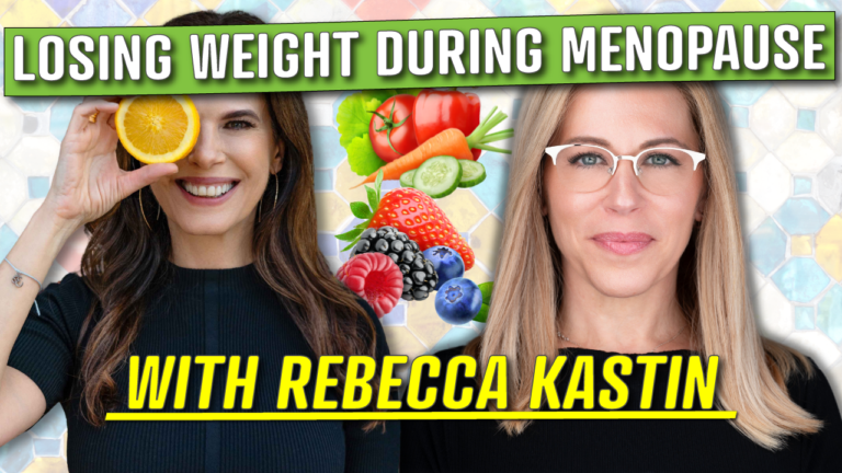 A youtube thumbnail featuring two women with a background of colorful tiles. The woman on the left holds an orange slice near her face, smiling, while the woman on the right wears glasses and looks directly at the camera. In the center, there are images of healthy foods, including a tomato, carrot, cucumber, strawberries, and blueberries. At the top, bold white text with a green background reads, "losing weight during menopause. " at the bottom, yellow text reads, "with rebecca kastin. "