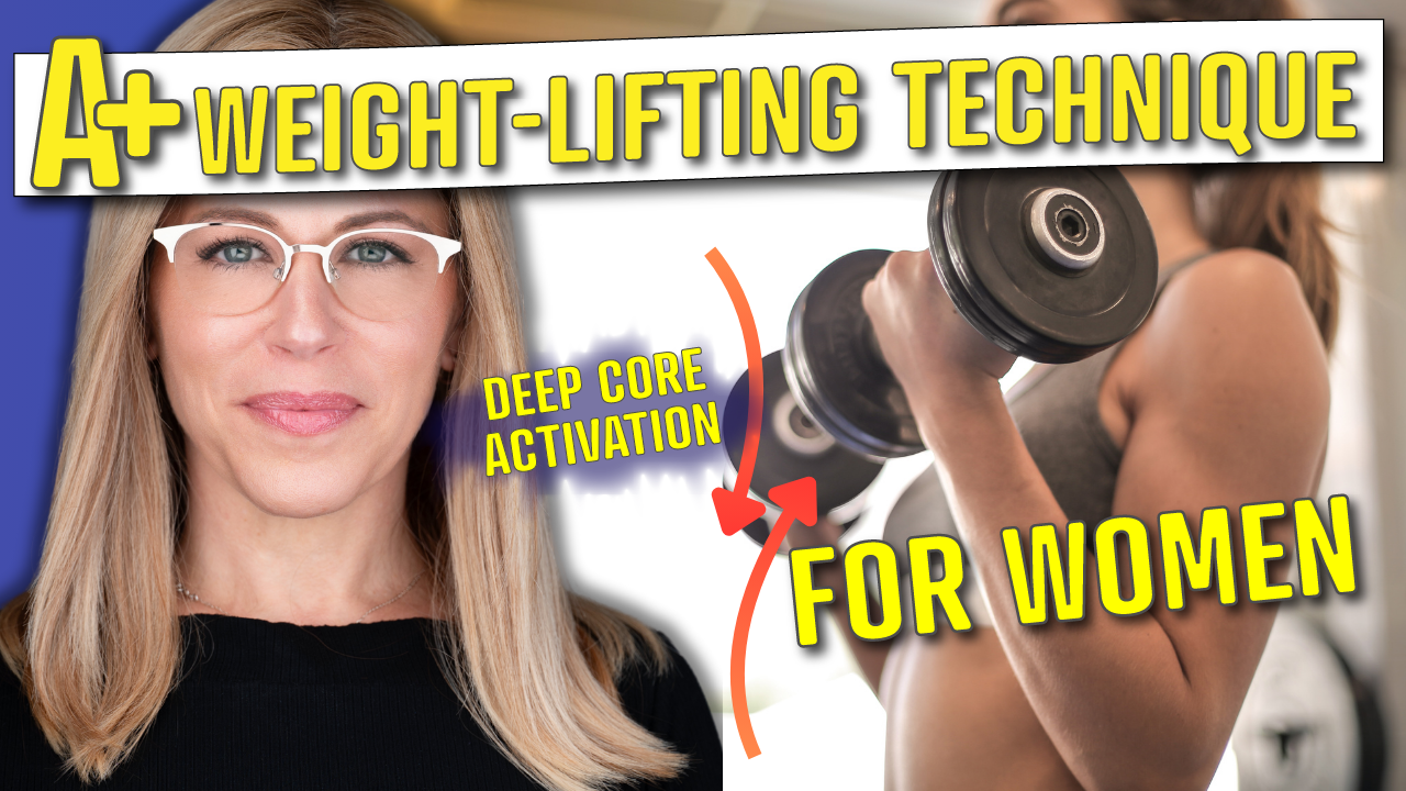 A promotional graphic featuring a woman with long blonde hair on the left and another woman lifting a dumbbell on the right. Bold yellow text at the top reads "A+ WEIGHT-LIFTING TECHNIQUE." Below, purple text says "DEEP CORE ACTIVATION," and large yellow text on the right states "FOR WOMEN." A red arrow points from the core activation text to the woman lifting the dumbbell. The background is white with a blue gradient on the left.