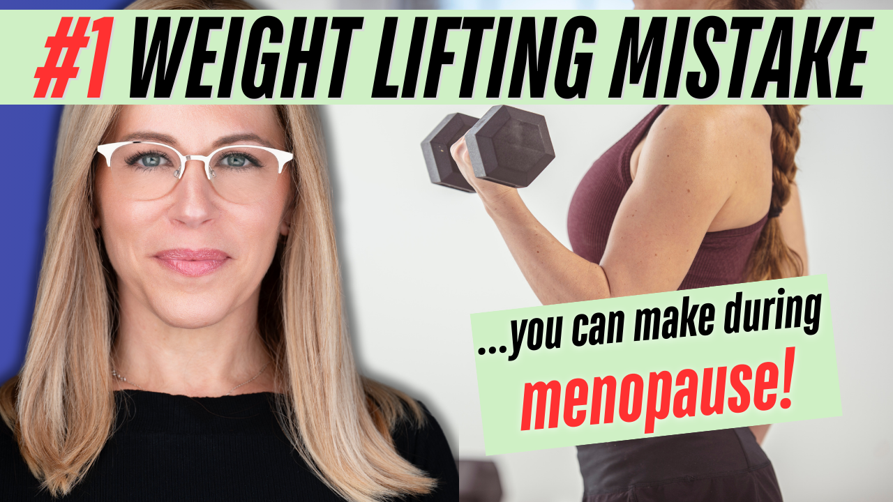 A thumbnail image for a video or article titled "#1 Weight Lifting Mistake." The image features a split background: on the left, a person with long blonde hair wearing a black top stands against a blue background; on the right, a person with a braid wearing a maroon sports bra lifts a dumbbell against a white background. Text overlay reads "#1 WEIGHT LIFTING MISTAKE" at the top in bold black letters with a red "#1," and "...you can make during menopause!" at the bottom right in black and red text on a light green background.