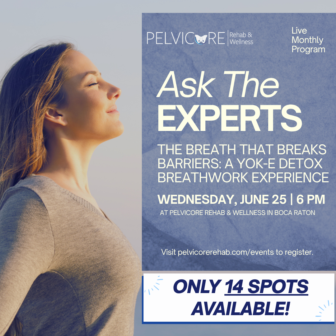A woman with long hair stands outdoors, eyes closed, in a light gray sweater against a soft blue sky. Overlaid text reads: "pelvicore rehab & wellness | live monthly program | ask the experts | the breath that breaks barriers: a yok-e detox breathwork experience | wednesday, june 25 | 6 pm | at pelvicore rehab & wellness in boca raton | visit pelvicorerehab. Com/events to register. | only 14 spots available! " the text is white and blue on a gradient blue background.