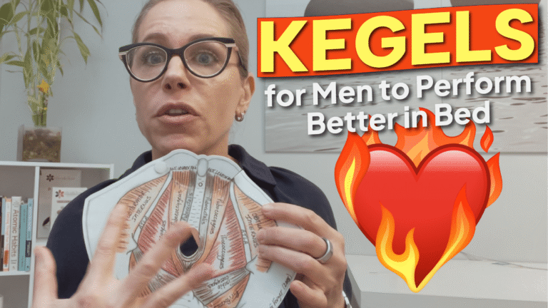 A person holds a pelvic anatomy model in an office setting with bookshelves and a plant in the background. Text overlay reads: "KEGELS for Men to Perform Better in Bed" in bold yellow and white on a red background, accompanied by a red heart with orange flames.