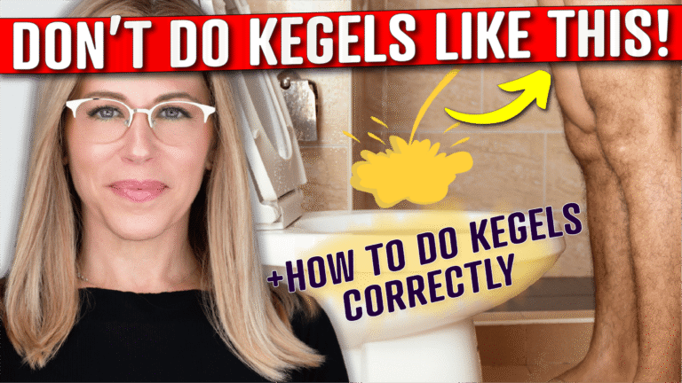 A person with long blonde hair wearing a black top stands on the left side of the image. On the right, there is an illustration of a person's legs standing in front of a toilet during kegel exercises for men, with a yellow splash graphic and an arrow pointing to it. Red text at the top reads, "don't do kegels like this! " purple text at the bottom right says, "+ how to do kegels correctly. " the background includes beige tiled walls and part of a bathroom fixture.