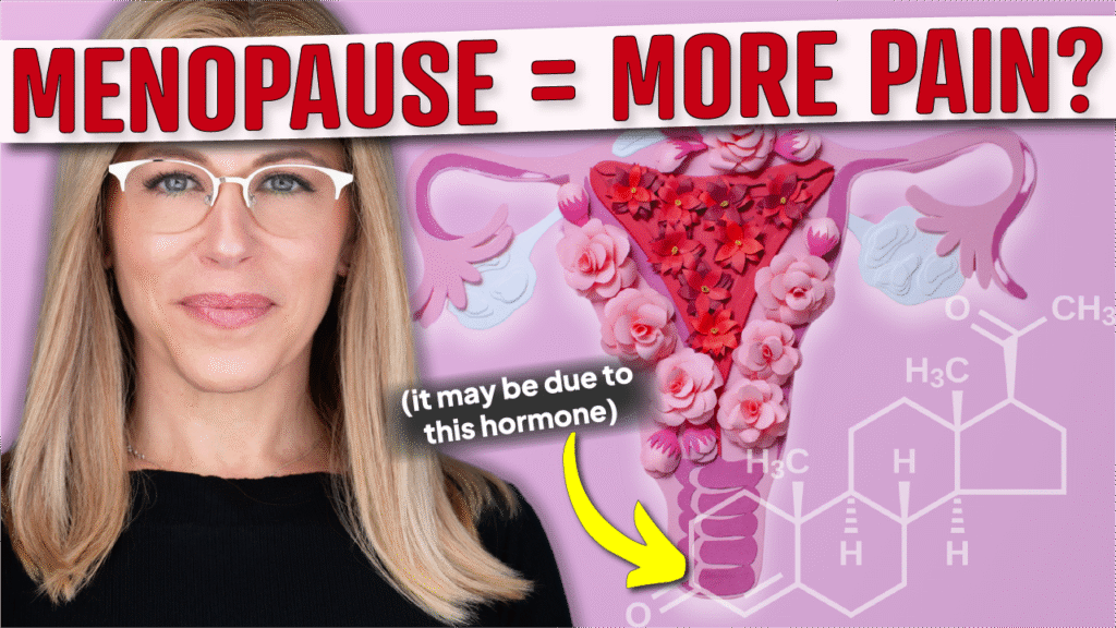 A graphic with a pink background features a stylized illustration of a uterus adorned with red and pink flowers. To the right, a chemical structure of a hormone, likely estrogen, is shown. Text in red at the top reads, "menopause = more pain? " addressing pain during menopause. Additional text in black with a yellow arrow pointing to the hormone structure says, "(it may be due to this hormone). " on the left side, a person with long blonde hair wearing a black top is partially visible.