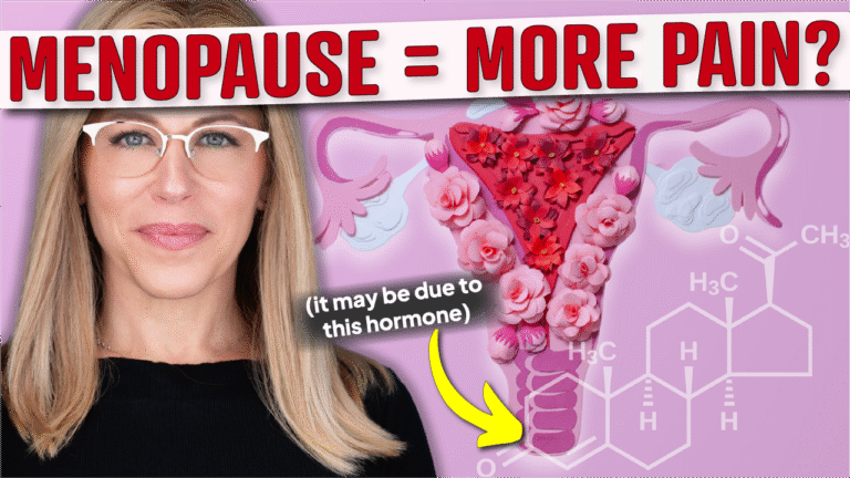 A graphic with a pink background features a stylized illustration of a uterus adorned with red and pink flowers. To the right, a chemical structure of a hormone, likely estrogen, is shown. Text in red at the top reads, "menopause = more pain? " addressing pain during menopause. Additional text in black with a yellow arrow pointing to the hormone structure says, "(it may be due to this hormone). " on the left side, a person with long blonde hair wearing a black top is partially visible.