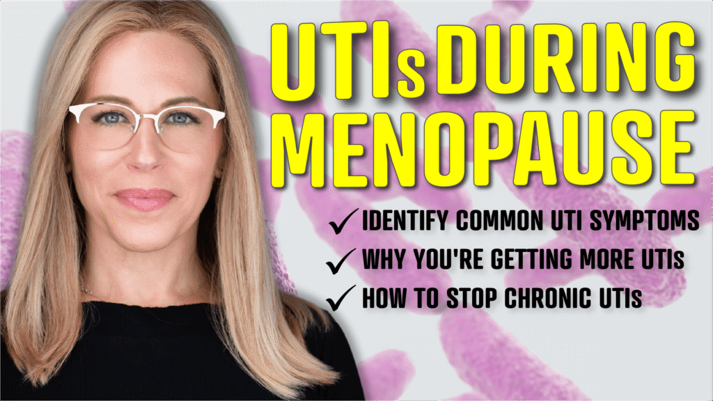 Perimenopause &Amp; Menopause Health 2 A promotional image featuring a woman with long blonde hair and glasses, wearing a black top. The background is light with purple abstract shapes. Bold yellow text at the top reads "utis during menopause. " below, there are three bullet points in black text with checkmarks: "identify common uti symptoms," "why you're getting more utis," and "how to stop chronic utis. "
