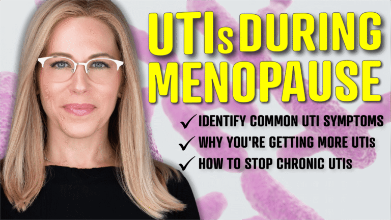 A promotional image featuring a woman with long blonde hair and glasses, wearing a black top. The background is light with purple abstract shapes. Bold yellow text at the top reads "UTIs DURING MENOPAUSE." Below, there are three bullet points in black text with checkmarks: "Identify common UTI symptoms," "Why you're getting more UTIs," and "How to stop chronic UTIs."