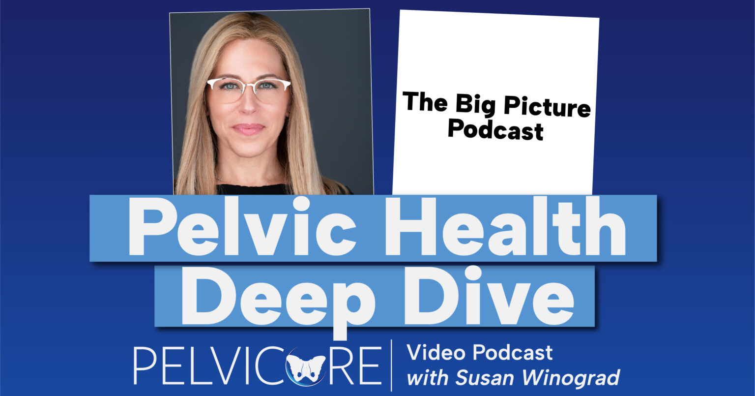 A promotional image for "The Big Picture Podcast" featuring a "Pelvic Health Deep Dive" video podcast. The image has a blue background with a photo of a woman with long blonde hair and glasses on the left side. Text includes "Pelvic Health Deep Dive" in large white letters on a blue banner, "PELVICORE" with a butterfly logo, and "Video Podcast with Susan Winograd" in white text at the bottom. A white square with "The Big Picture Podcast" written in black is placed centrally.