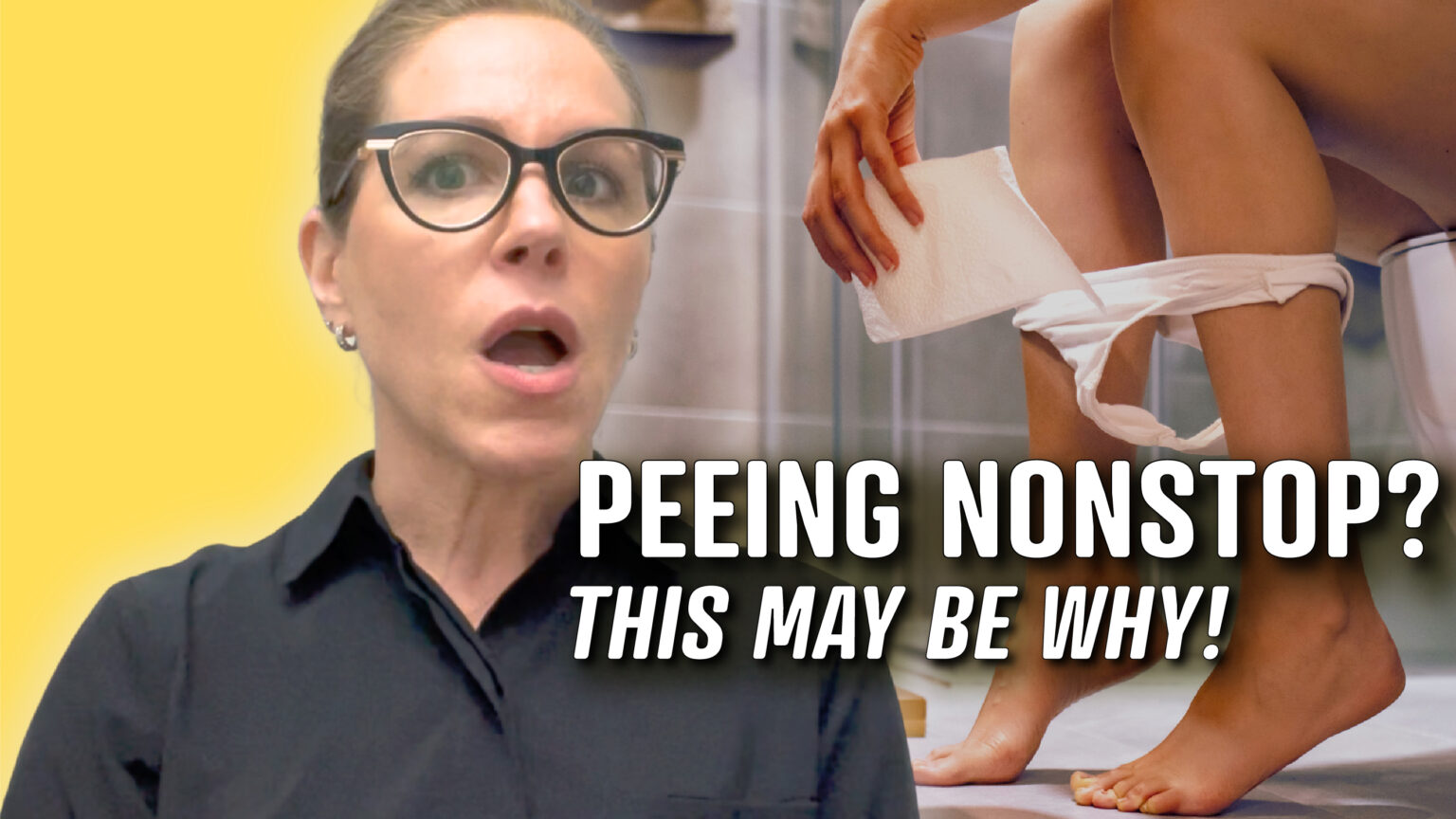 Image of a woman with glasses and an surprised expression on a yellow background, alongside an image of a person using the toilet with underwear down and holding toilet paper. Text overlay reads "PEEING NONSTOP? THIS MAY BE WHY!" with the key term 'overactive bladder' implied as a potential cause.