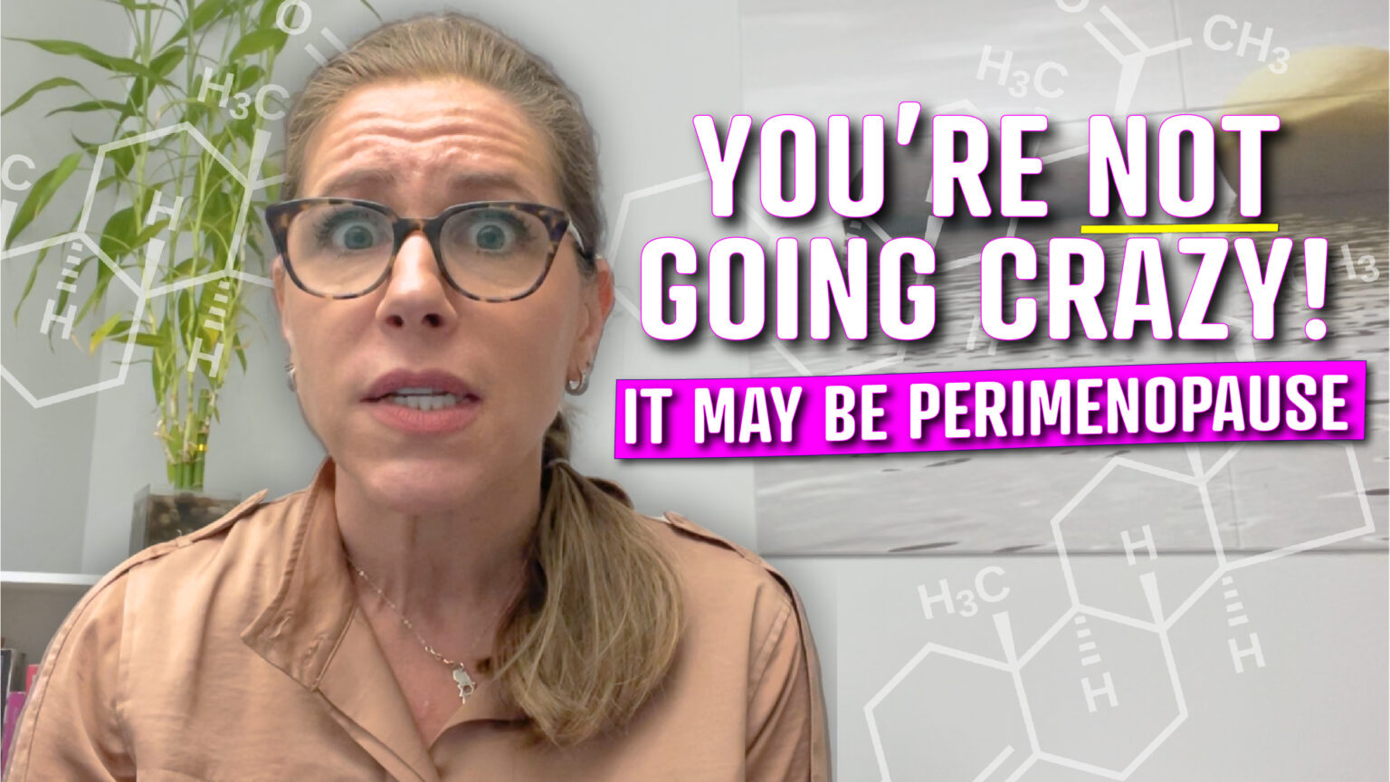 A woman with glasses and a surprised expression, wearing a beige shirt, is shown against a background with chemical structure diagrams and a green plant. Bold text overlays read, "YOU'RE NOT GOING CRAZY!" in white and "IT MAY BE PERIMENOPAUSE" in pink.