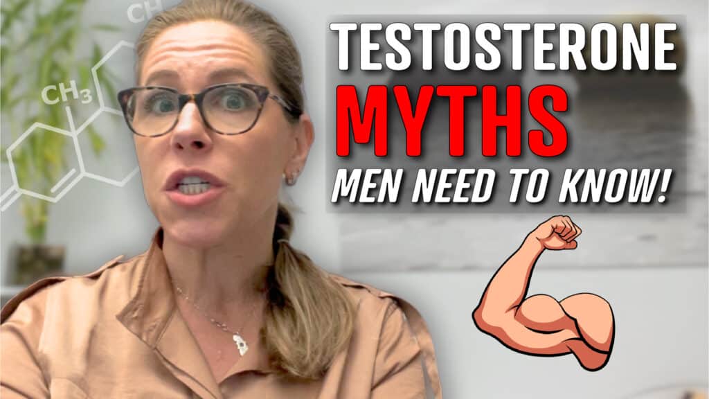 A person with glasses and a ponytail, wearing a beige shirt, is shown in front of a blurred background with green plants. The image overlay includes a chemical structure diagram and bold text that reads "testosterone myths men need to know! " in white and red. A cartoon image of a muscular arm is displayed on the right side.