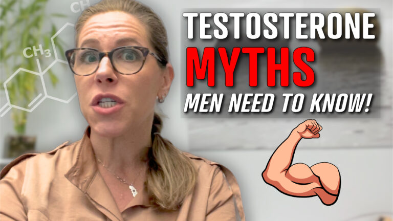 A person with glasses and a ponytail, wearing a beige shirt, is shown in front of a blurred background with green plants. The image overlay includes a chemical structure diagram and bold text that reads "TESTOSTERONE MYTHS MEN NEED TO KNOW!" in white and red. A cartoon image of a muscular arm is displayed on the right side.