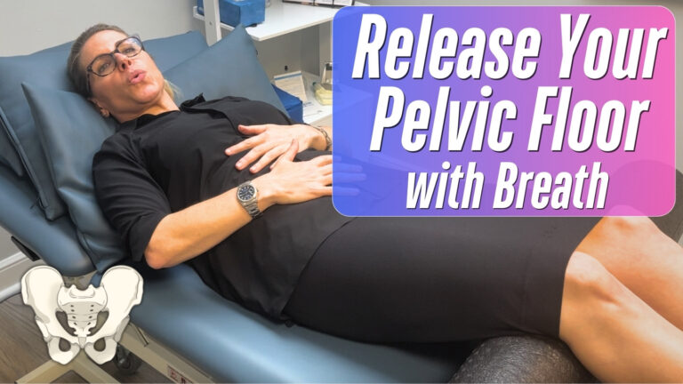 A person lies on a medical examination table with their hands resting on their abdomen, wearing a black outfit and a wristwatch. A foam roller is placed under their legs. An illustration of a pelvis is shown at the bottom left. A colorful text overlay reads "release your pelvic floor with breath" in white letters on a purple-to-pink gradient background.