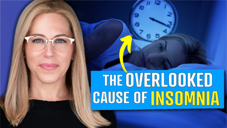 A promotional image featuring a woman with long blonde hair wearing glasses on the left side, and a sleeping person with a clock showing around 2:00 AM on the right side. The background is a dark blue gradient. A yellow arrow points from the clock to the sleeping person. A blue banner at the bottom reads "THE OVERLOOKED CAUSE OF INSOMNIA" in bold white and yellow text.