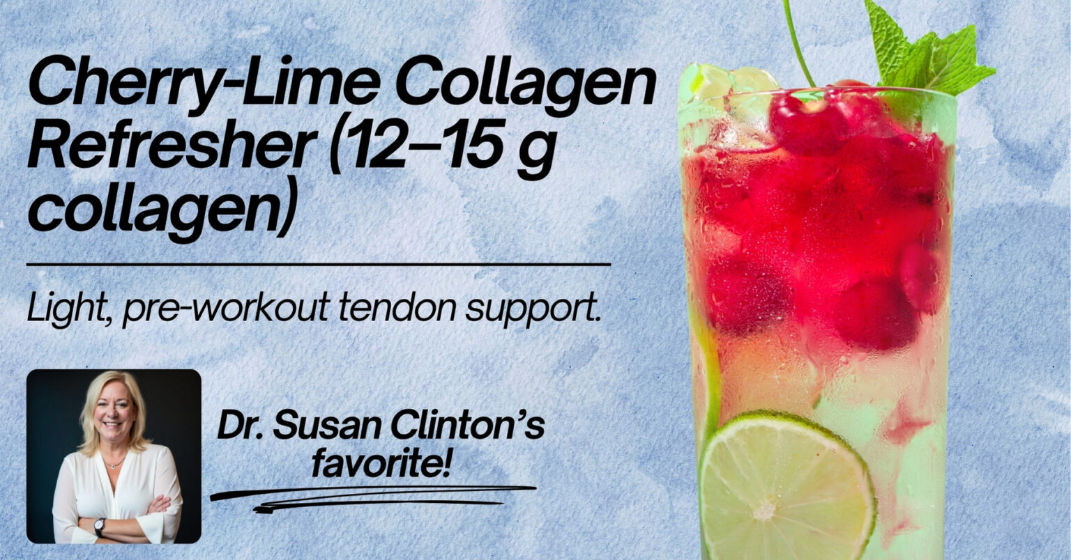 A promotional image for "Cherry-Lime Collagen Refresher (12-15 g collagen)," featuring a glass of red and green drink with cherries, a lime slice, and a mint sprig as garnish. The background includes text stating "Light, pre-workout tendon support" and "Dr. Susan Clinton's favorite!" with a photo of Dr. Susan Clinton.
