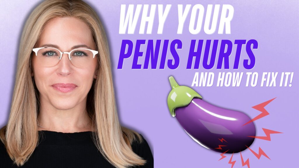 A portrait of a woman with long blonde hair, wearing glasses and a black top, positioned on the left side of the image against a purple background. To the right, bold white and purple text reads "why your penis hurts and how to fix it! " accompanied by a large eggplant emoji with red lightning bolts indicating pain.