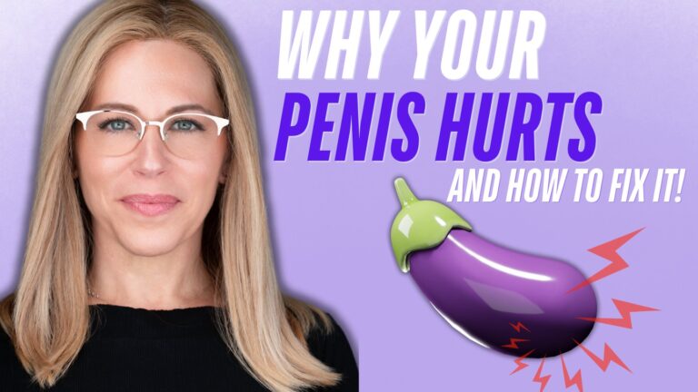 Pelvicore Rehab &Amp; Wellness 4 A portrait of a woman with long blonde hair, wearing glasses and a black top, positioned on the left side of the image against a purple background. To the right, bold white and purple text reads "why your penis hurts and how to fix it! " accompanied by a large eggplant emoji with red lightning bolts indicating pain.