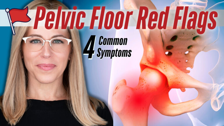 A promotional image featuring a woman with long blonde hair and glasses, wearing a black top, set against a blue background. The image includes text that reads "pelvic floor red flags" in bold red letters, with "4 common symptoms" highlighted below it. On the right side, there is an illustration of a pelvic bone with red highlighted areas indicating inflammation or pain. A red flag icon is present in the top left corner.