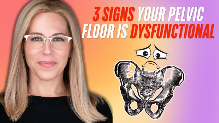 A woman with long blonde hair and white-framed glasses appears on the left side of the image against a colorful gradient background transitioning from pink to purple. To the right, bold red and white text reads "3 signs your pelvic floor is dysfunctional" above a black-and-white illustration of a pelvis with a sad cartoon face, including worried eyes and a frowning mouth.