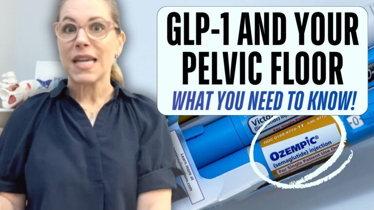 A woman with glasses and a ponytail, wearing a dark blue shirt, speaks with an open-mouthed expression against a neutral background. Overlaid text reads "glp-1 and your pelvic floor what you need to know! " in bold black and blue letters. In the foreground, a close-up of an ozempic (semaglutide) injection pen box is circled, labeled for single patient use only. Additional medical items are visible in the background.