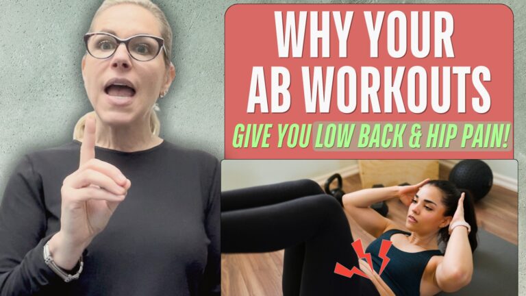 A split-image thumbnail featuring a fitness instructor on the left with a surprised expression, wearing glasses and a black top, pointing upward with one finger. On the right, bold white text on a red background reads "why your ab workouts" with green text below saying "give you low back & hip pain! " beneath the text, a smaller photo shows a woman performing a crunch exercise on a mat, with red lightning bolt graphics indicating pain in her lower back and hip area.
