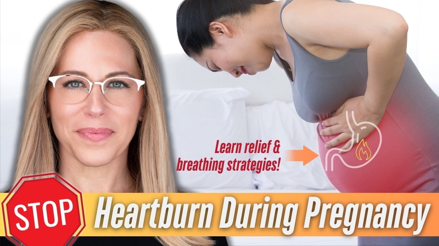 Susan Winograd, MSPT, presents pregnancy heartburn relief video — pregnant woman experiencing acid reflux with breathing and relief strategies for third trimester heartburn