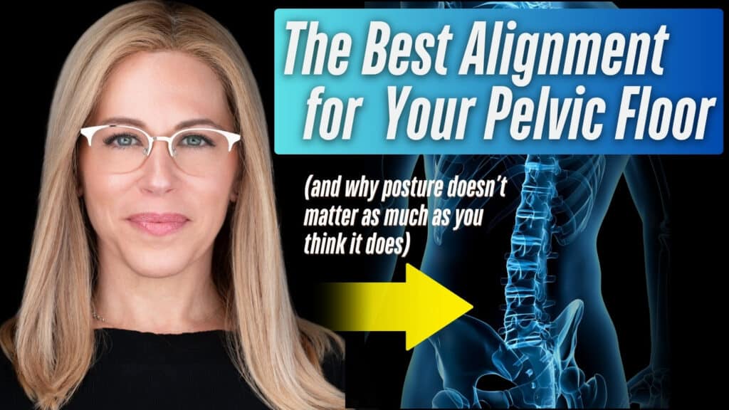 Susan winograd, mspt, smiling beside a blue anatomical illustration of the spine and pelvis. Text reads "the best alignment for your pelvic floor (and why posture doesn't matter as much as you think it does)," with a yellow arrow pointing to the spine.
