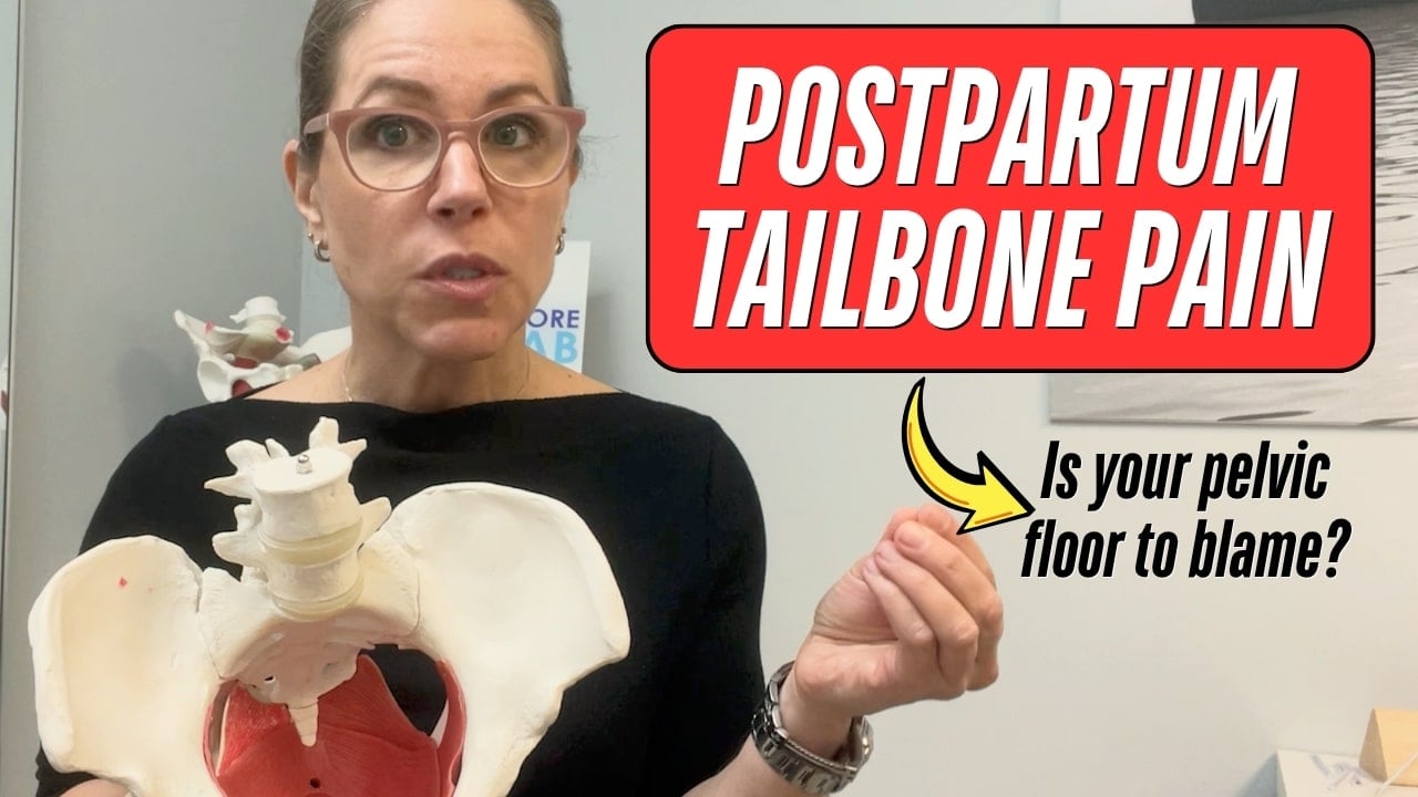 Susan Winograd, MSPT of Pelvicore Rehab & Wellness holds an anatomical pelvis model showing the pelvic floor muscles, with thumbnail text reading "Postpartum Tailbone Pain — Is your pelvic floor to blame?"