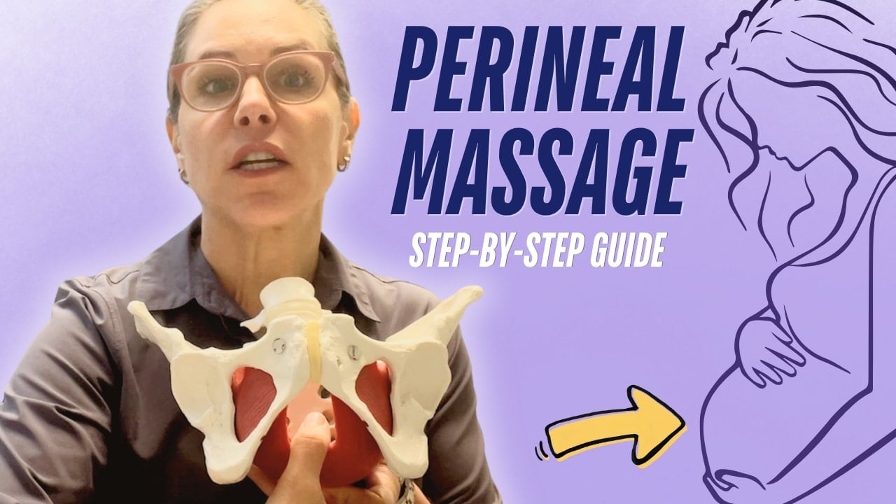 Susan Winograd, MSPT holds an anatomical pelvis model showing the pelvic floor muscles beside a line illustration of a pregnant woman, with thumbnail text reading "Perineal Massage: Step-by-Step Guide."