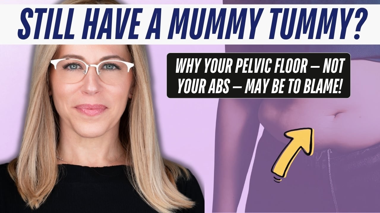 Susan Winograd, MSPT, a pelvic floor physical therapist with white-framed glasses, beside an illustration of a postpartum belly with a yellow arrow pointing to it. Text reads "Still Have a Mummy Tummy? Why Your Pelvic Floor — Not Your Abs — May Be to Blame!"