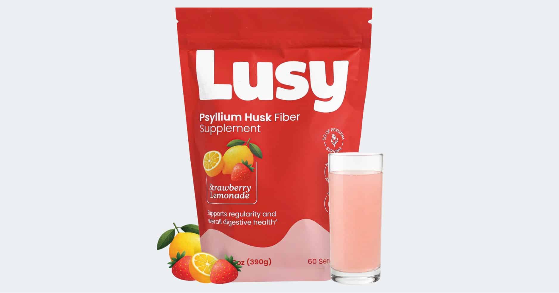 Lusy psyllium husk fiber supplement in strawberry lemonade, shown with a prepared glass of the drink
